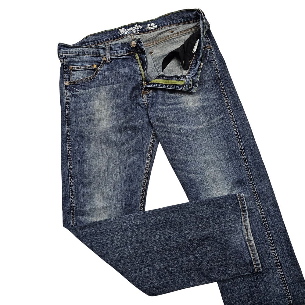 Wrangler Retro Slim Straight Jeans Mens 36x34 Blue Denim Western Cowboy WLT88BZ